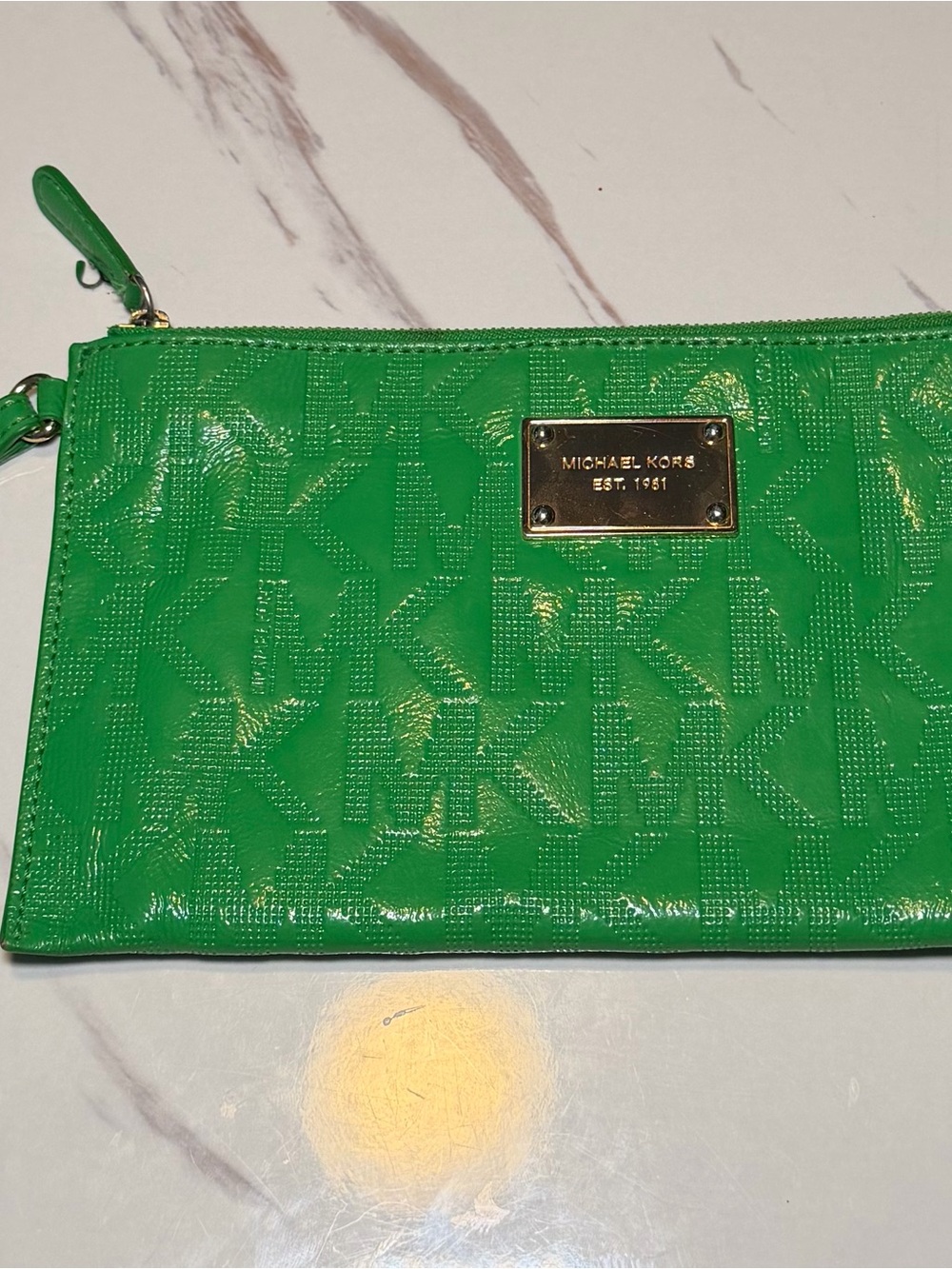 Michael Kors Green Patent Logo Wristlet Clutch